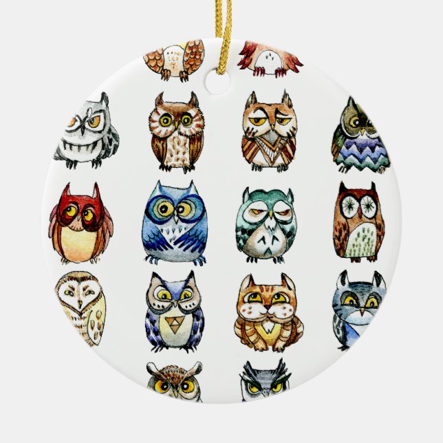 19Owls and 1Cat Ceramic Ornament (Front)