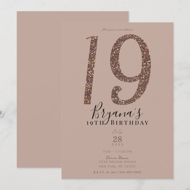 19th 19 Birthday Party Pink Blush Rose Glitter  Invitation (Front/Back)