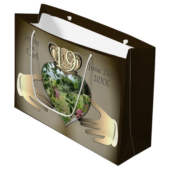 19th,8th Bronze Photo Anniversary Claddaugh    Large Gift Bag (Front Angled)