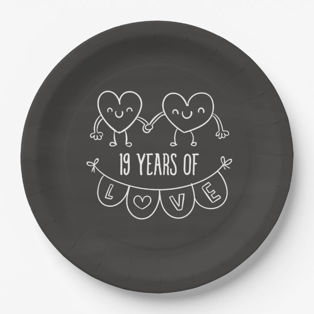 19th Anniversary Gift Chalk Hearts Paper Plates (Front)