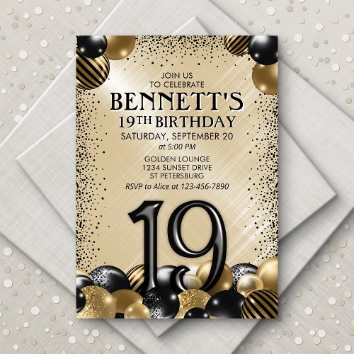 19th Balloons Black Gold Birthday Invitation