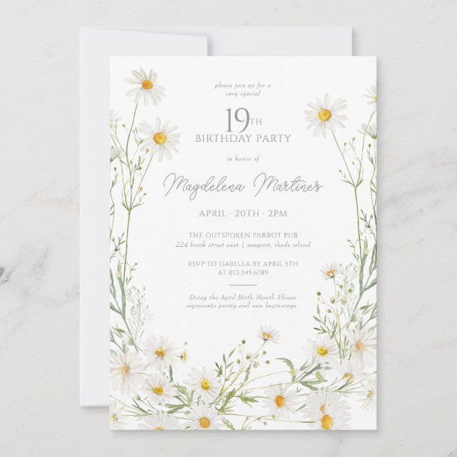19th Birthday April Birth Month Flower Daisy Invitation (Front)