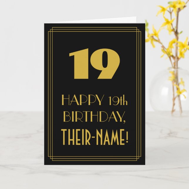 19th Birthday – Art Deco Inspired Look "19" & Name Card (Yellow Flower)