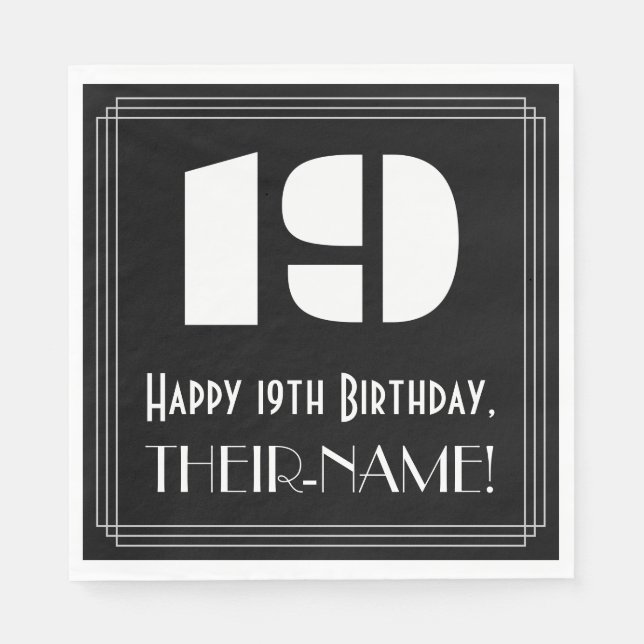 19th Birthday: Art Deco Inspired Look "19" + Name Napkins (Front)