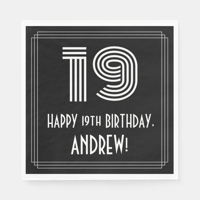 19th Birthday: Art Deco Inspired Look "19" + Name Napkins (Front)