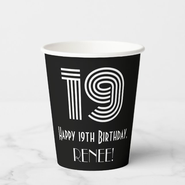 19th Birthday — Art Deco Inspired Look “19” + Name Paper Cups (Back)