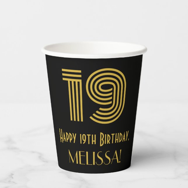 19th Birthday: Art Deco Inspired Look “19” & Name Paper Cups (Back)