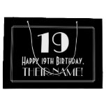 [ Thumbnail: 19th Birthday: Art Deco Inspired Style "19", Name Gift Bag ]