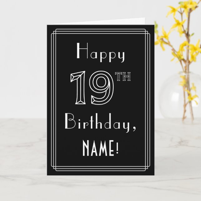 19th Birthday: Art Deco Style # 19 & Custom Name Card (Yellow Flower)