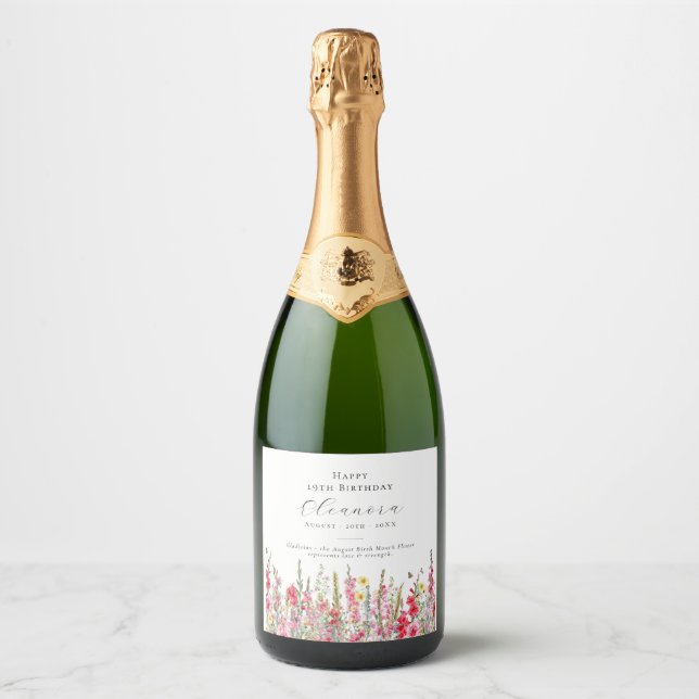 19th Birthday August Birth Flower Party Supplies  Sparkling Wine Label (Front)