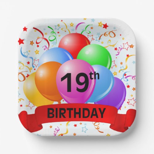 19th Birthday Balloons Banner Paper Plates