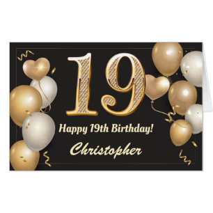 19th Birthday Black and Gold Balloons Extra Large Card