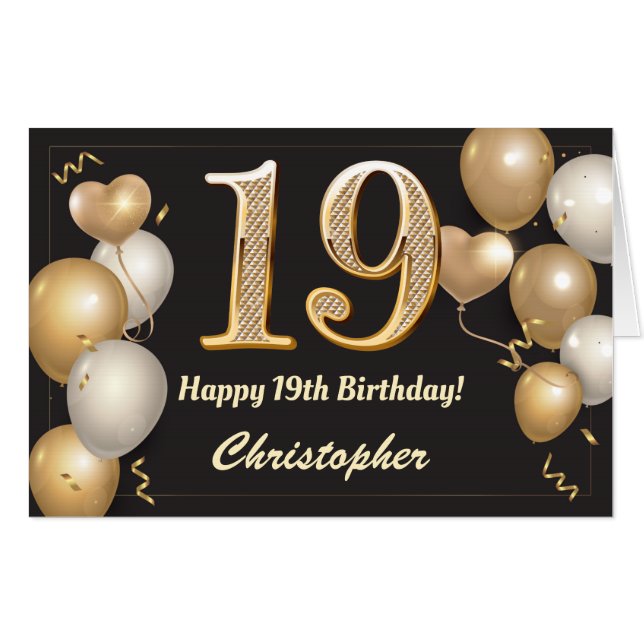 19th Birthday Black and Gold Balloons Extra Large Card (Front Horizontal)