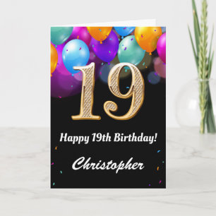 19th Birthday Black and Gold Colorful Balloons Card