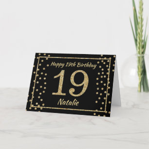 19th Birthday Black and Gold Glitter Confetti Card