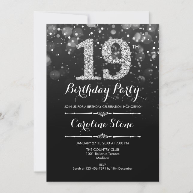 19th Birthday - Black Silver Invitation (Front)