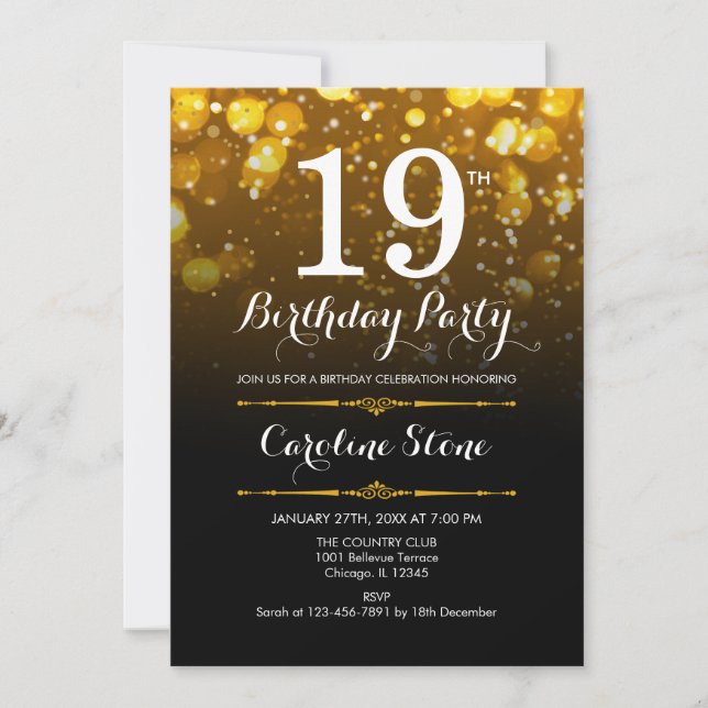 19th Birthday - Black White Gold Invitation (Front)