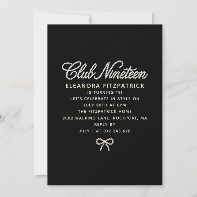 19th Birthday Black White Pearl Script Bow Invitation (Front)