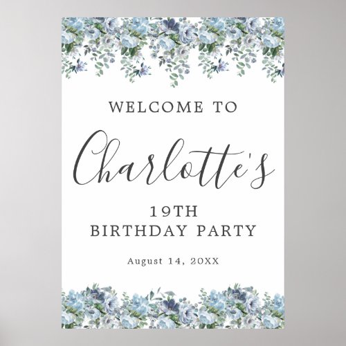 19th Birthday Blue Floral Printable Welcome Sign