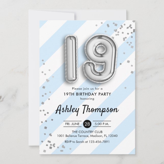 19th Birthday - Blue Stripes and Silver Balloons Invitation (Front)