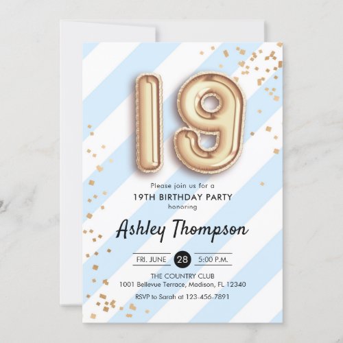 19th Birthday _ Blue Stripes Gold Balloons Invitation