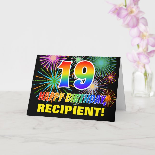 19th Birthday: Bold, Fun, Fireworks, Rainbow 19 Card (Orchid)