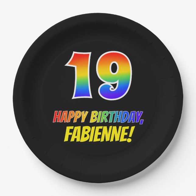 19th Birthday: Bold, Fun, Simple, Rainbow 19 Paper Plates (Front)