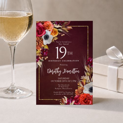 19th Birthday Burgundy Fall Flowers Elegant Script Invitation