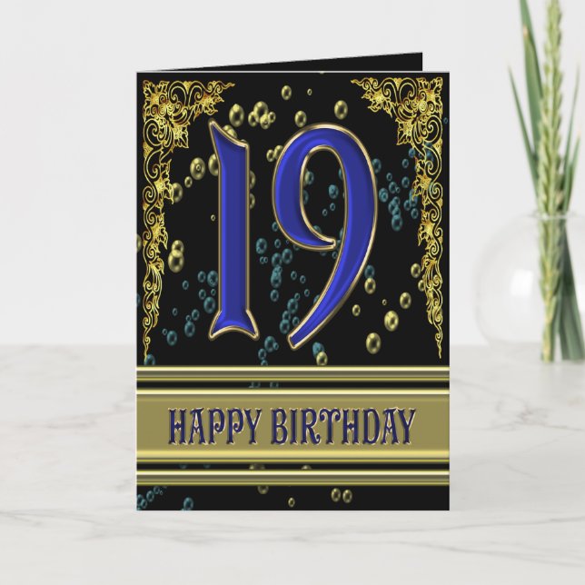 19th birthday card with gold and bubbles (Front)