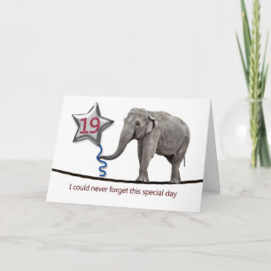 19th Birthday card with tightrope walking elephant