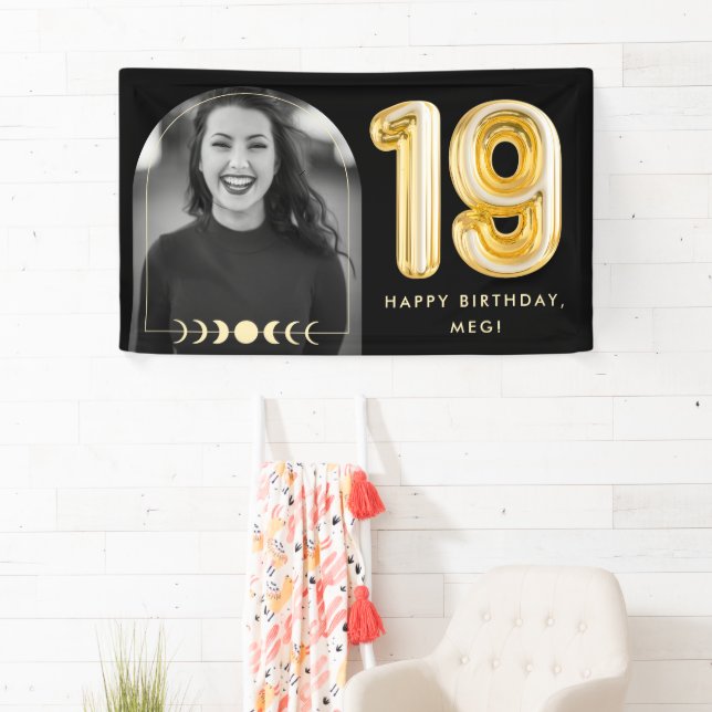 19th Birthday Celestial Gold Balloon Photo Banner (Insitu)