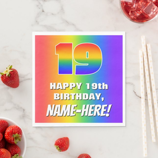 19th Birthday: Colorful, Fun Rainbow Pattern # 19 Napkins (Insitu)