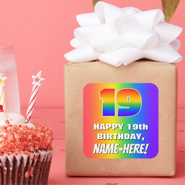 19th Birthday: Colorful, Fun Rainbow Pattern # 19 Square Sticker (Party)