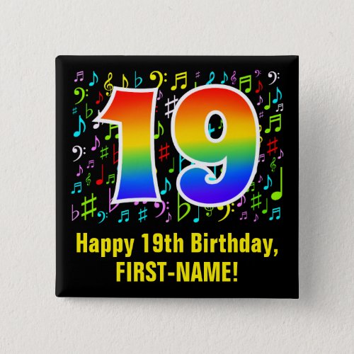 19th Birthday Colorful Music Symbols Rainbow 19 Button
