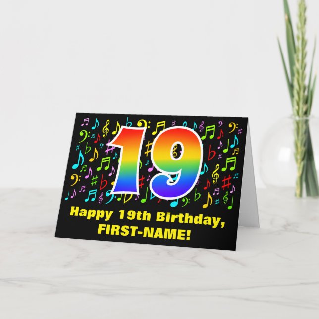 19th Birthday: Colorful Music Symbols & Rainbow 19 Card (Front)