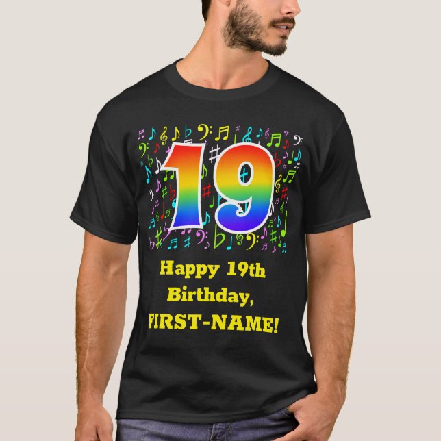 19th Birthday: Colorful Music Symbols, Rainbow 19 T-Shirt (Front)