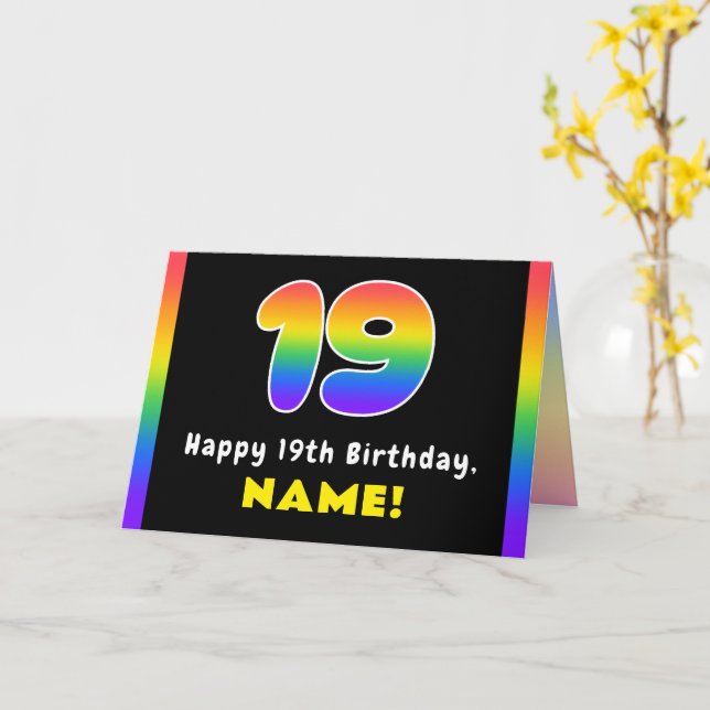 19th Birthday: Colorful Rainbow # 19, Custom Name Card (Yellow Flower)