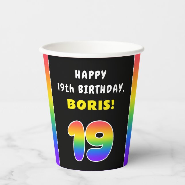 19th Birthday: Colorful Rainbow # 19, Custom Name Paper Cups (Front)