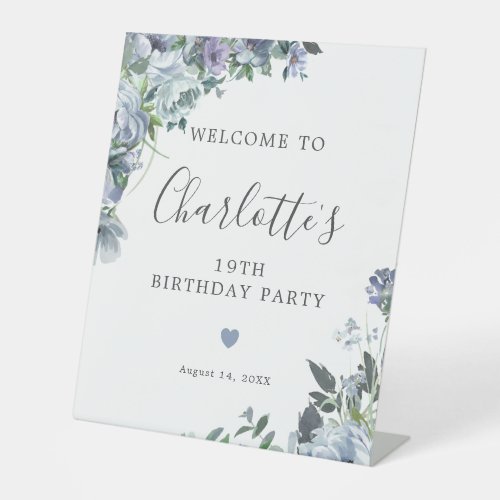 19th Birthday Dusty Blue Floral Welcome Pedestal Sign