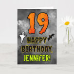 19th Birthday: Eerie Halloween Theme   Custom Name Card<br><div class="desc">The front of this scary and spooky Hallowe’en themed birthday greeting card design features a large number “19” and the message “HAPPY BIRTHDAY, ”, plus a custom name. There are also depictions of a bat and a ghost on the front. The inside features a personalized birthday greeting message, or could...</div>