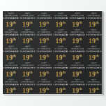 [ Thumbnail: 19th Birthday: Elegant, Black, Faux Gold Look Wrapping Paper ]