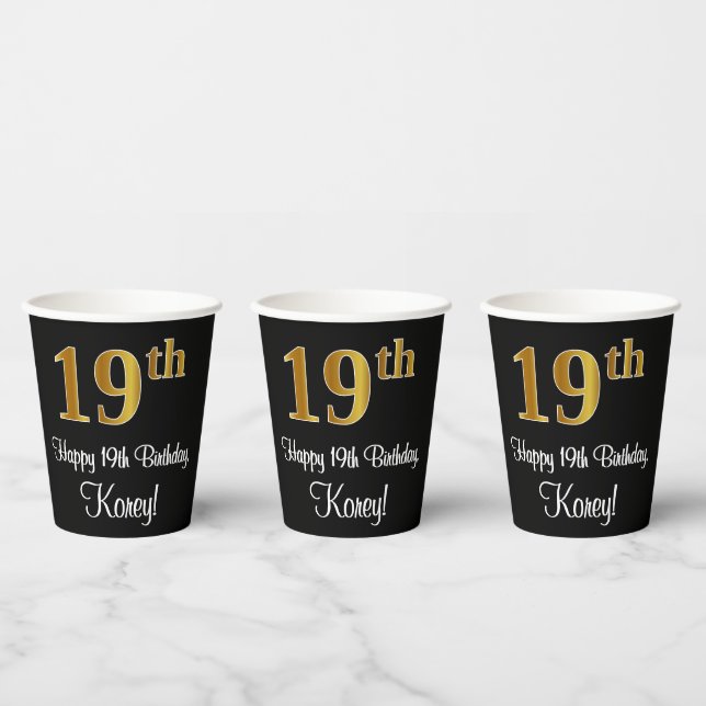 19th Birthday - Elegant Luxurious Faux Gold Look # Paper Cups (Multi)