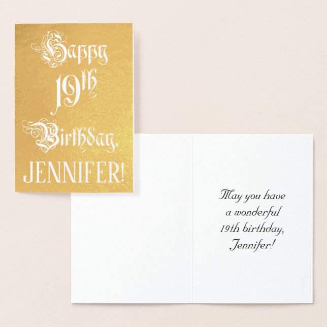 19th Birthday: Elegant, Ornate Script; Custom Name Foil Card (Display)