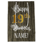 [ Thumbnail: 19th Birthday: Faux Gold Look & Faux Wood Pattern Gift Bag ]