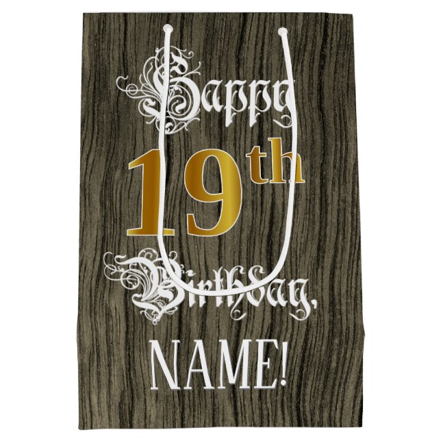 19th Birthday: Faux Gold Look & Faux Wood Pattern Medium Gift Bag (Back)