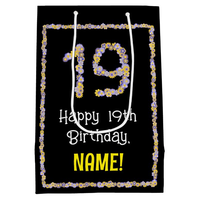 19th Birthday: Floral Flowers Number, Custom Name Medium Gift Bag (Back)
