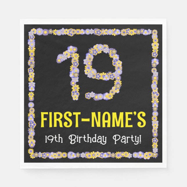 19th Birthday: Floral Flowers Number, Custom Name Napkins (Front)