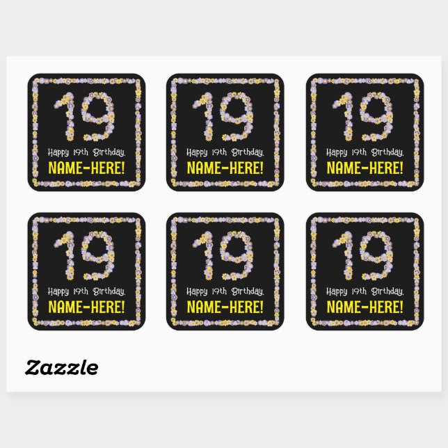 19th Birthday: Floral Flowers Number, Custom Name Square Sticker (Sheet)