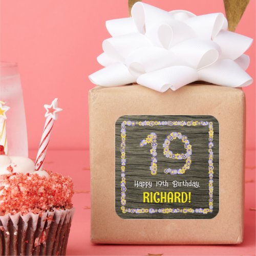 19th Birthday Floral Number Faux Wood Look Name Square Sticker