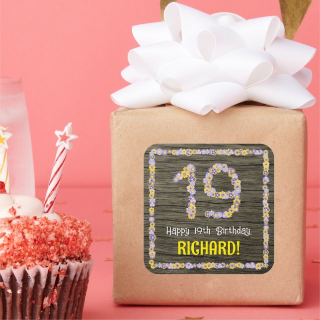 19th Birthday: Floral Number, Faux Wood Look, Name Square Sticker (Party)